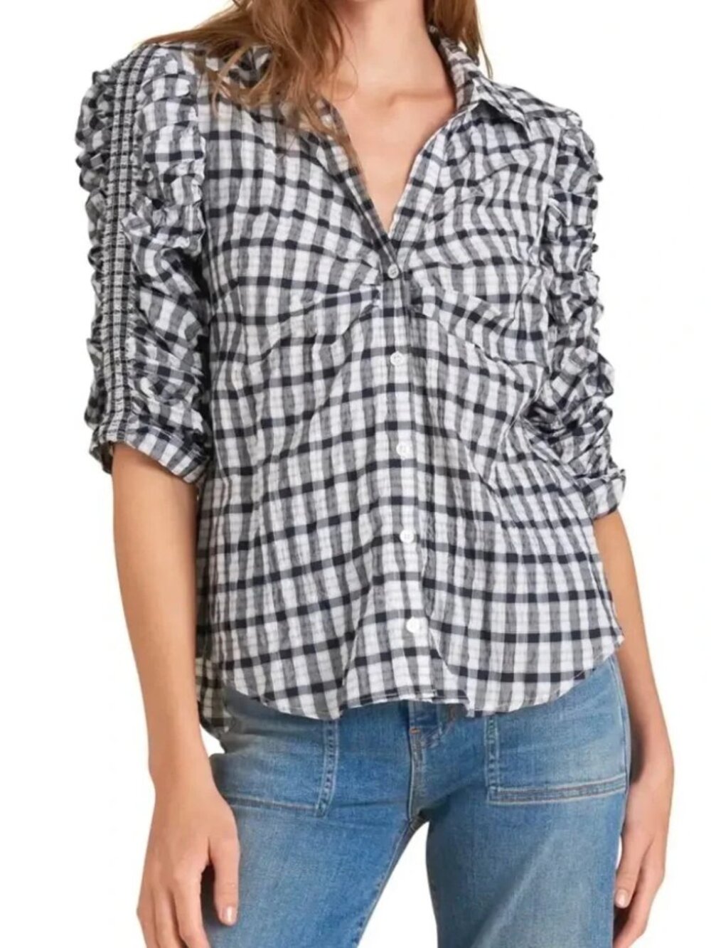 Veronica Beard Porta Checkered Ruched Button-Up Shirt L
